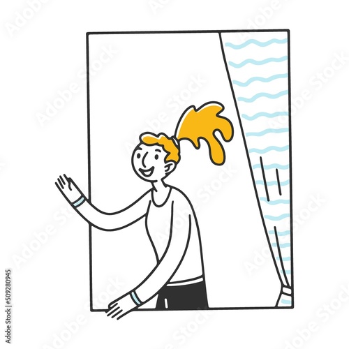 Open window with young woman inside apartments. Exterior of building with neighbors, friends talking, reading book. Vector illustration