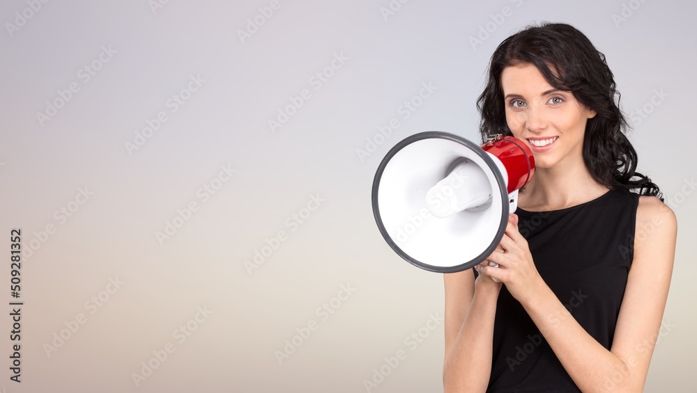 Excited Lady Using Megaphone For Making Announcement, Sharing News Excited Lady Using Megaphone For Making Announcement, Sharing News
