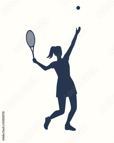 Female tennis player silhouette. Flat style digital design element. Simple vector illustration with woman playing tennis