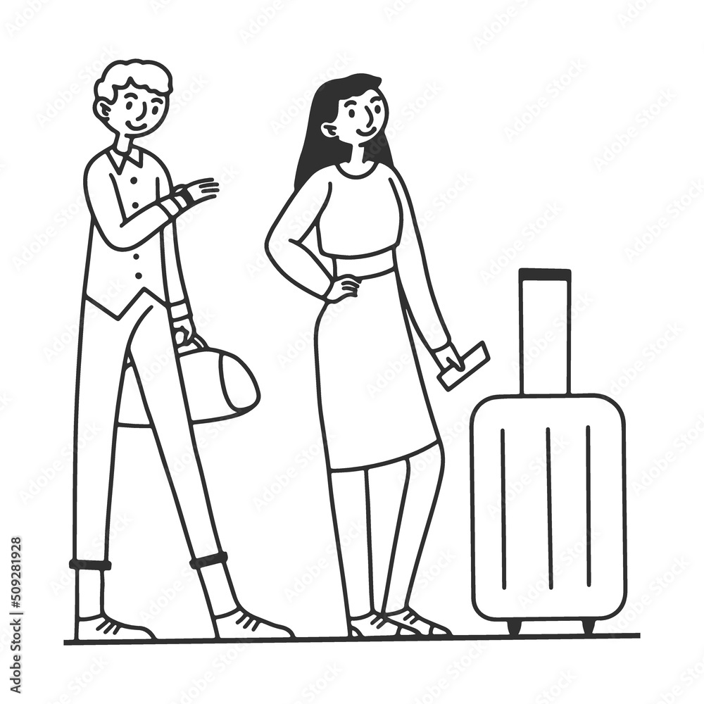 Line of tourists at airport check in counter. Queue of passengers waiting for registration to their flight. Vector illustration for tourism, trip