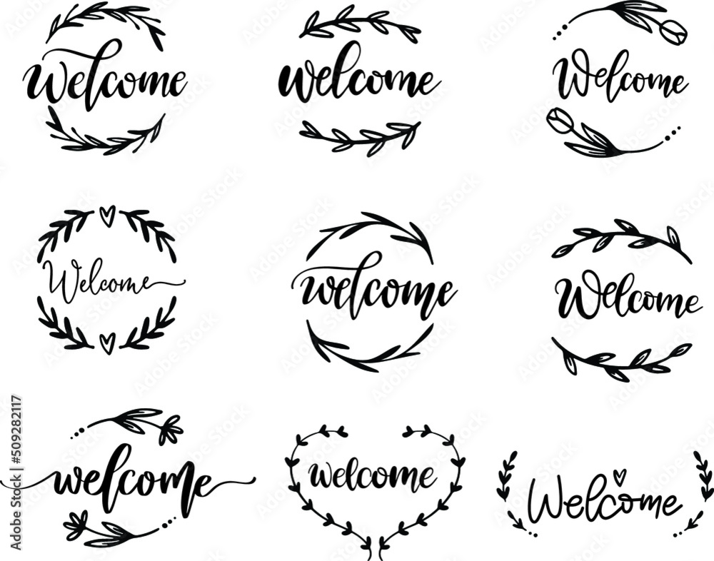 Handwritten lettering of welcome
whit flower,border,frame,
template for banner, invitation, party,
postcard, poster, print, sticker
objects isolated .vector illustration Handwritten lettering of welcome
whit flower,border,frame,
template for banner, invitation, party,
postcard, poster, print, sticker
objects isolated .vector illustration