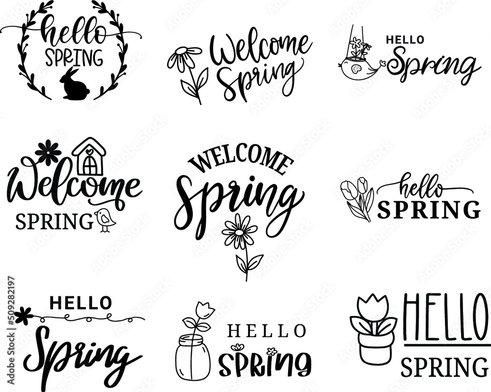 Hello spring lettering big set with flower, hand drawn, doodle,clipart.vector illustration Hello spring lettering big set with flower, hand drawn, doodle,clipart.vector illustration