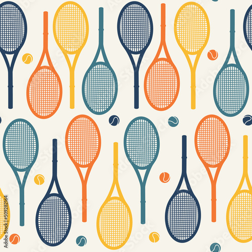 Colorful sporty vector seamless pattern. Tennis accessories illustration. Flat style digital design element. Simple vector background with balls and rackets