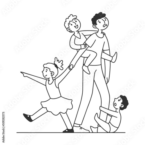 Linear hand drawing. Tired dad with many children flat vector illustration. Father and mother exhausted under life routine. Kids playing up. Big family and lifestyle