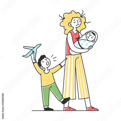 Tired mother with many children flat vector illustration. Father and mother exhausted under life routine. Kids playing up. Big family and lifestyle