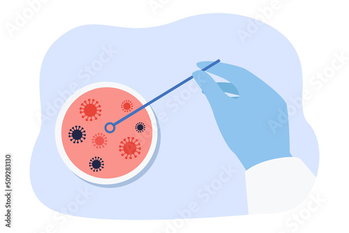 Scientist analyzing bacteria organism flat vector illustration. Petri dish with microorganisms. Microbiology, laboratory, biology, research concept for banner, website design or landing web page