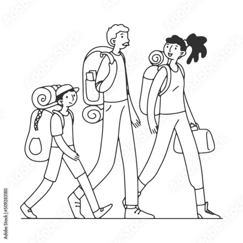 Linear hand drawing. Tourists travelling in group flat vector illustration. Young and elderly families walking from airport during trip and carrying suitcases