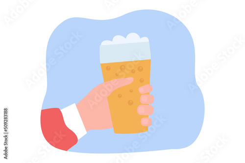 Hand of cartoon person holding glass of beer. Character with alcoholic drink or beverage flat vector illustration. Alcohol, addiction, health concept for banner, website design or landing web page