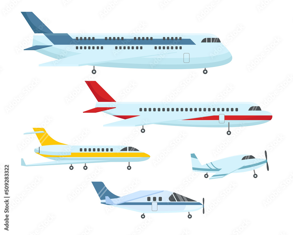 Different types of planes flat vector illustrations set. Passenger airplane or aeroplane, jets or aircrafts for airlines, air transport isolated on white background. Aviation, transportation concept