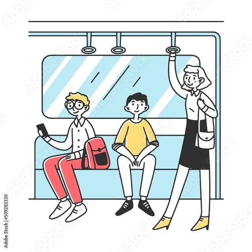 Men and women in public transport. People using subway flat vector illustration. City dwellers in metro, tube or underground train