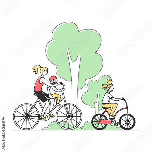 Family couple with two kids riding bikes outdoors. Parents and children cycling in summer park. Vector illustration for togetherness