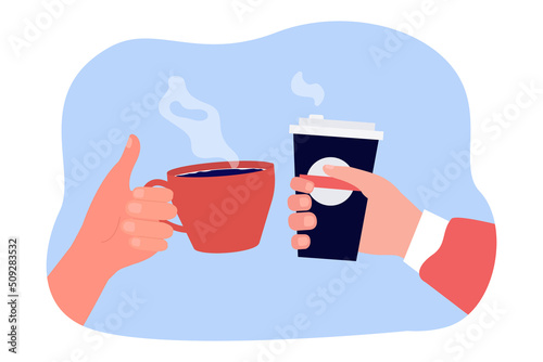 Hands of friends or colleagues holding cup and mug with coffee. People drinking hot drink flat vector illustration. Communication, friendship, coffee break concept for banner or landing web page