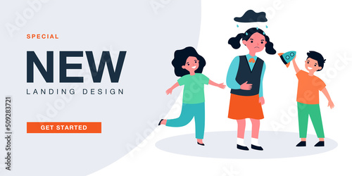 Happy kids playing in park, sad sick girl holding belly. Bellyache and stomach pain of unhappy child flat vector illustration. Stress, health concept for banner, website design or landing web page