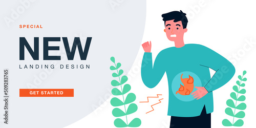 Cartoon man suffering from stomachache or heartburn. Male character having problem with digestive system flat vector illustration. Health, disease concept for banner, website design or landing page