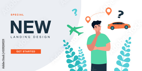 Man choosing transport for travel, planning vacation. Male tourist selecting between car and airplane flat vector illustration. Trip, tourism concept for banner, website design or landing web page