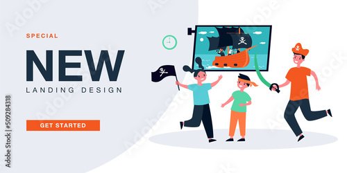 Children watching movie about pirates and playing game. Happy kids imagining search of treasure flat vector illustration. Fantasy, entertainment concept for banner, website design or landing web page