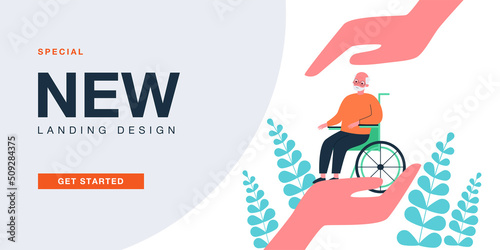 Giant hands holding elderly man on wheelchair. Senior person with physical disability flat vector illustration. Disability, elderly care, support concept for banner, website design or landing web page