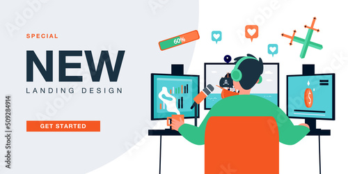 Gamer with headphones playing online battle video game. Teen sitting at computer monitors flat vector illustration. Multiplayer, cyber sports concept for banner, website design or landing web page