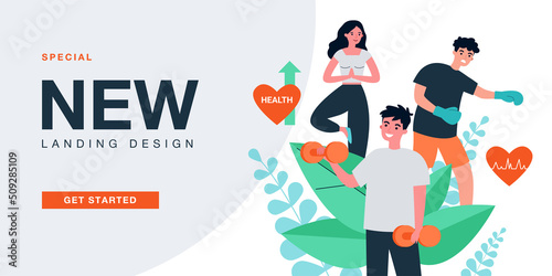 Athletes training heart with physical exercises. People doing yoga, boxing and dumbbell workout flat vector illustration. Sports, activity concept for banner, website design or landing web page