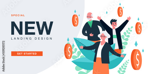 Happy rich senior characters with falling money rain. Smiles of old male and female millionaires flat vector illustration. Jackpot, wealth concept for banner, website design or landing web page