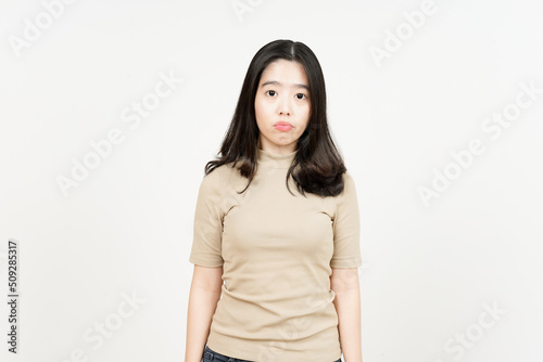Looking to Camera with Expressionless Face Of Beautiful Asian Woman Isolated On White Background