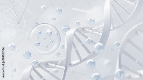 Cosmetic Essence, Liquid bubble, Molecule inside Liquid Bubble on DNA water splash background, 3d rendering photo