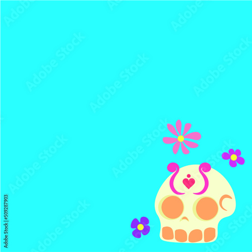DÍA DE MUERTOS,CALAVERA Y FLORES,FONDO AZUL,FIESTA MEXICANA