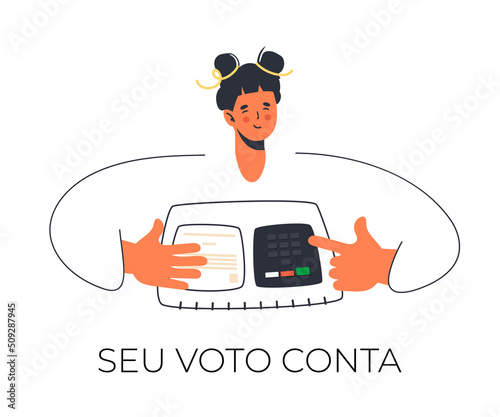 Brazil voting machine. Elections 2022 with electronic ballot box. Text in portuguese language means your vote counts. Woman start voting with fingerprint. Isolated on white background.