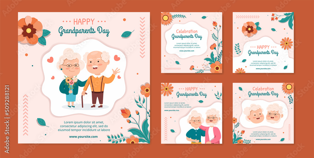 Happy Grandparents Day Post Template Social Media Flat Cartoon Background Illustration
