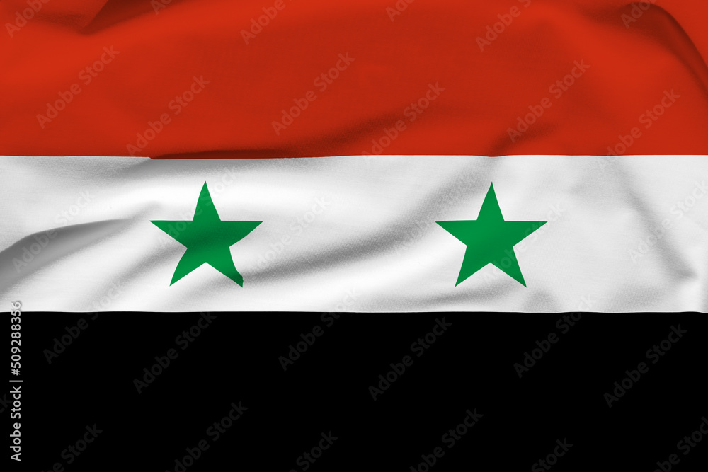 Syria national flag, folds and hard shadows on the canvas Syria national flag, folds and hard shadows on the canvas