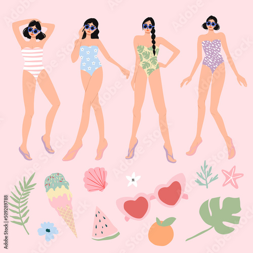 Girls with swimsuits and summer accessories set. Girls posing, ice cream, sunglasses, fruits, palm leaves.