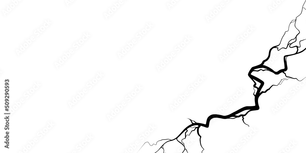 Crack on concrete or ground due to aging or drought. Set of fissures isolated in white background. Monochrome vector illustration