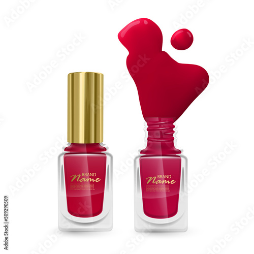 Red nail Polish spilled from the bottle.3D realistic detailed mockup. Beauty and cosmetics background. Vector format
