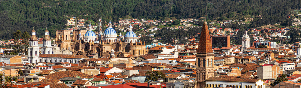 Fototapeta premium Panoramic view of the historical center of city Cuenca at the valley with its many churches. Ecuador