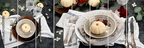 Collage of Harvest table setting.