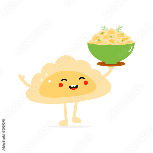 Cute happy cartoon style pierogi, filled dumpling character holding bowl with dumplings.