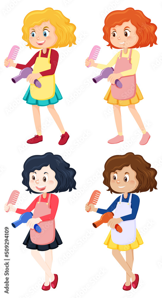 Set of different hairdressers holding tools Set of different hairdressers holding tools