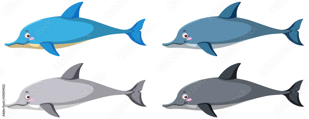 Set of different dolphins in cartoon style