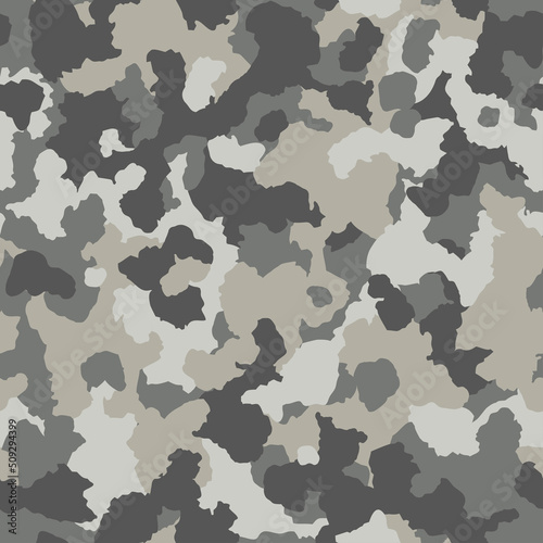 Seamless spotted camouflage for army, hunting and other use. Grey khaki grunge camo texture. Military pattern for fabric print. Vector illustration
