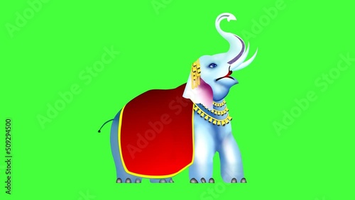 Indian ancient elephant walking and spouting holy water with green screen background