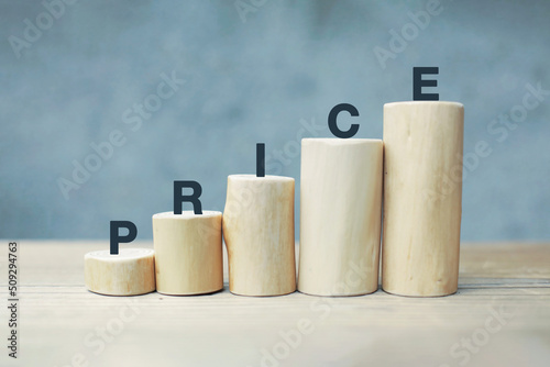 price goes up. money concept. word wood type.