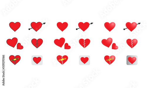 Red heart icons set. Heart symbols collection, set, pack. Set of heart icon vector isolated on white background. Emoji vector. Love heart icon set. Emoticon icon web.