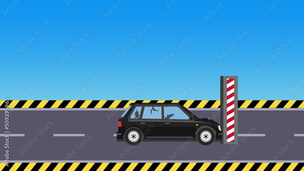 2D Car crash test with an iron bar 4K animation. Car collision test