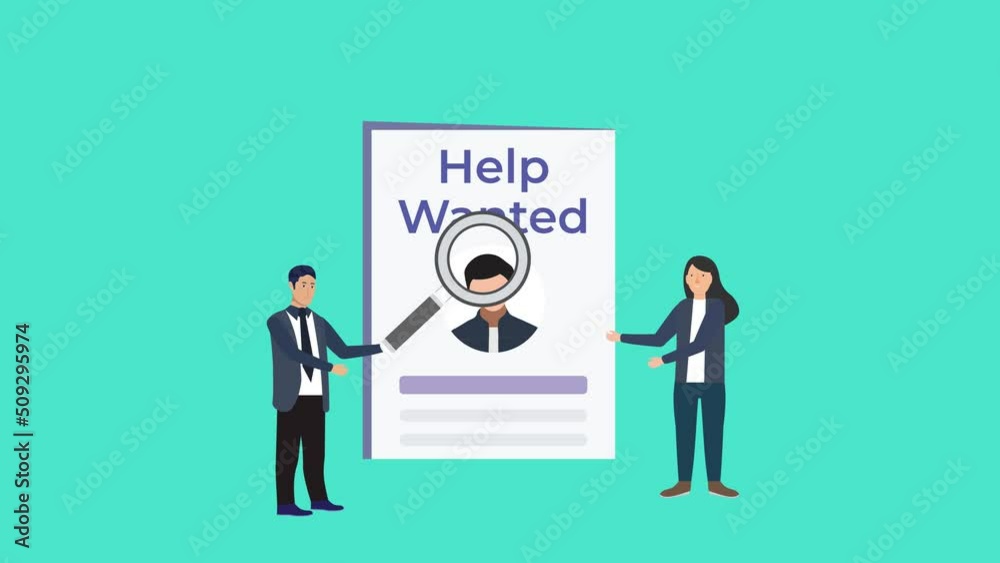 Help wanted animation with two businessmen. Employee searching for a new worker with a big magnifying glass 4K footage. Searching for wanted person, Business recruitment concept animated video. Help wanted animation with two businessmen. Employee searching for a new worker with a big magnifying glass 4K footage. Searching for wanted person, Business recruitment concept animated video.