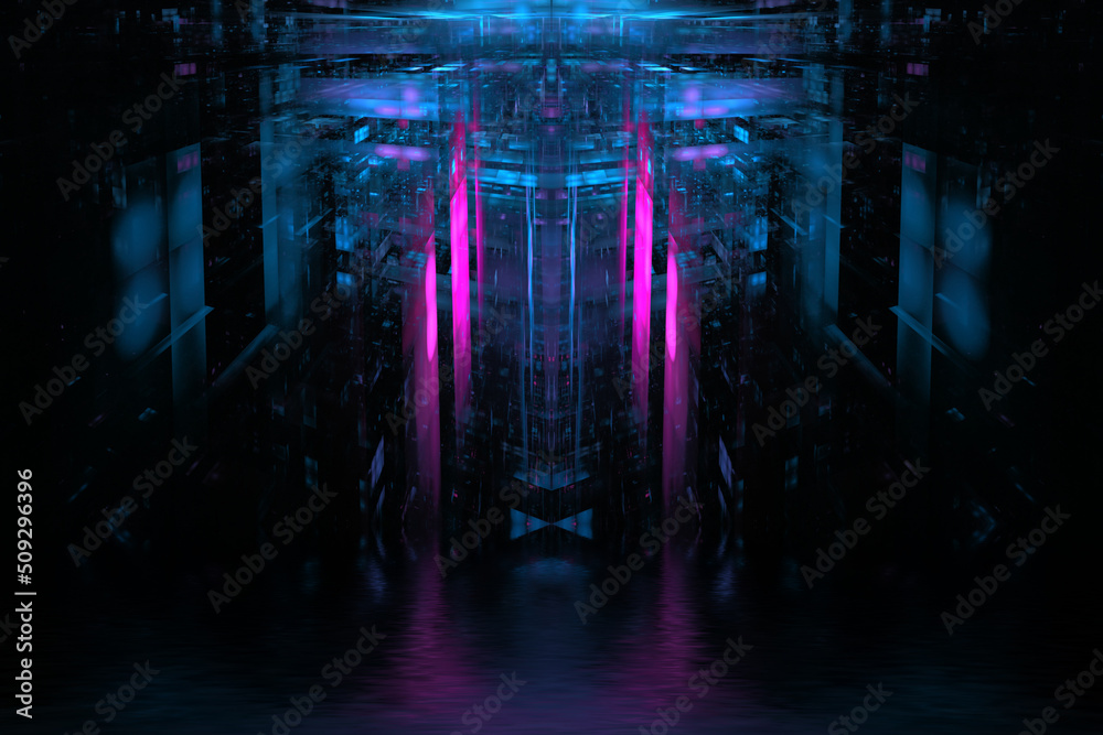 Abstract futuristic background bright neon color. Glowing elements of the building and background, digital future, fantasy. Digital technologies in design. 3d render