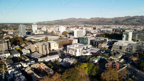 Drone fly to Christchurch, biggest city in South Island, New Zealand. Cityscape photo