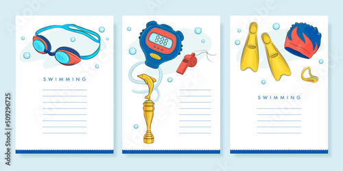 Swimming vertical poster or banner collection. Vector illustration of swimming competition elements. Swimming competition concept photo