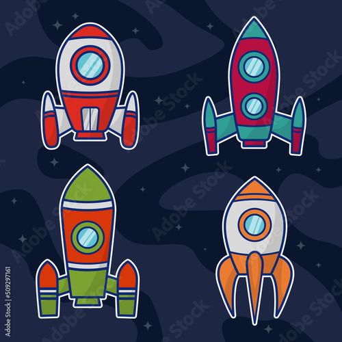 Spaceship Cartoon Stickers Set. Collection of rocket isolated vector illustrations.