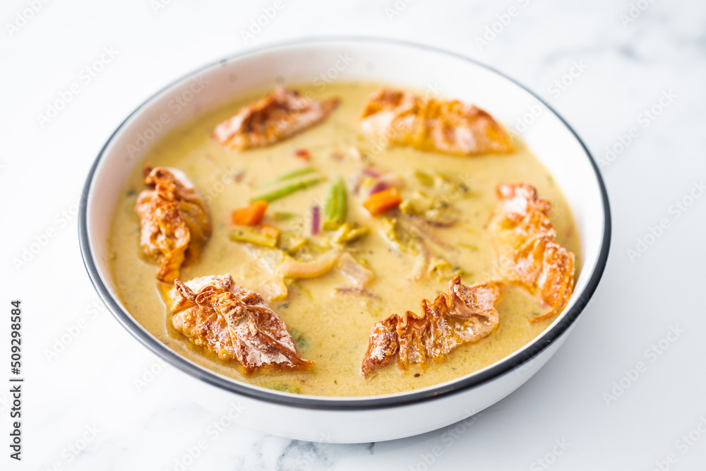 healthy plant-based food, vegetable green curry with vegan wonton dumpling healthy plant-based food, vegetable green curry with vegan wonton dumpling
