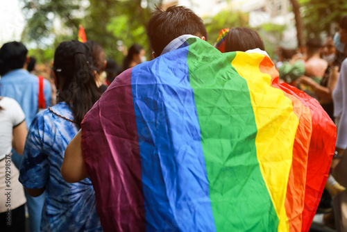 Rainbow flag welcomes Pride Month festival.Rainbow pride is a symbol of lesbian, gay, bisexual, transgender, and LGBTQ pride. and the LGBTQ social movement in June.